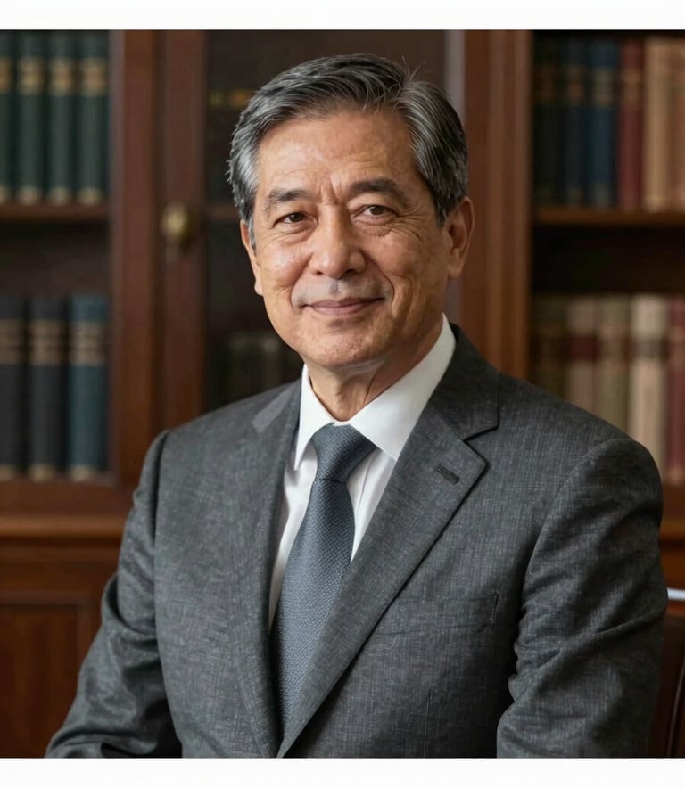 A professional portrait of a mature male politician with a kind but firm expression, wearing a dark gray (#262626) suit against a classic office background with books. The lighting is soft and focused, creating a sense of deep credibility and experience. The color palette incorporates subtle tones of #F2F4F3 and #595959.