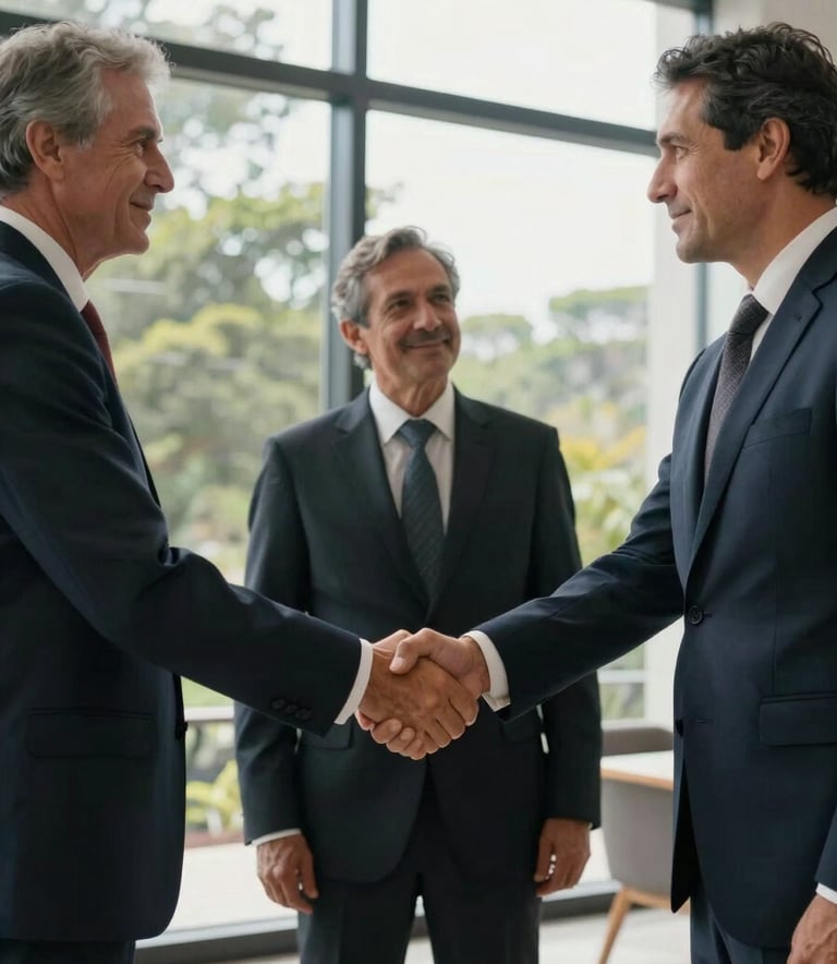 Professional handshake between business leaders in a South American setting, daylight filtering through large windows, symbolizing a secure partnership.