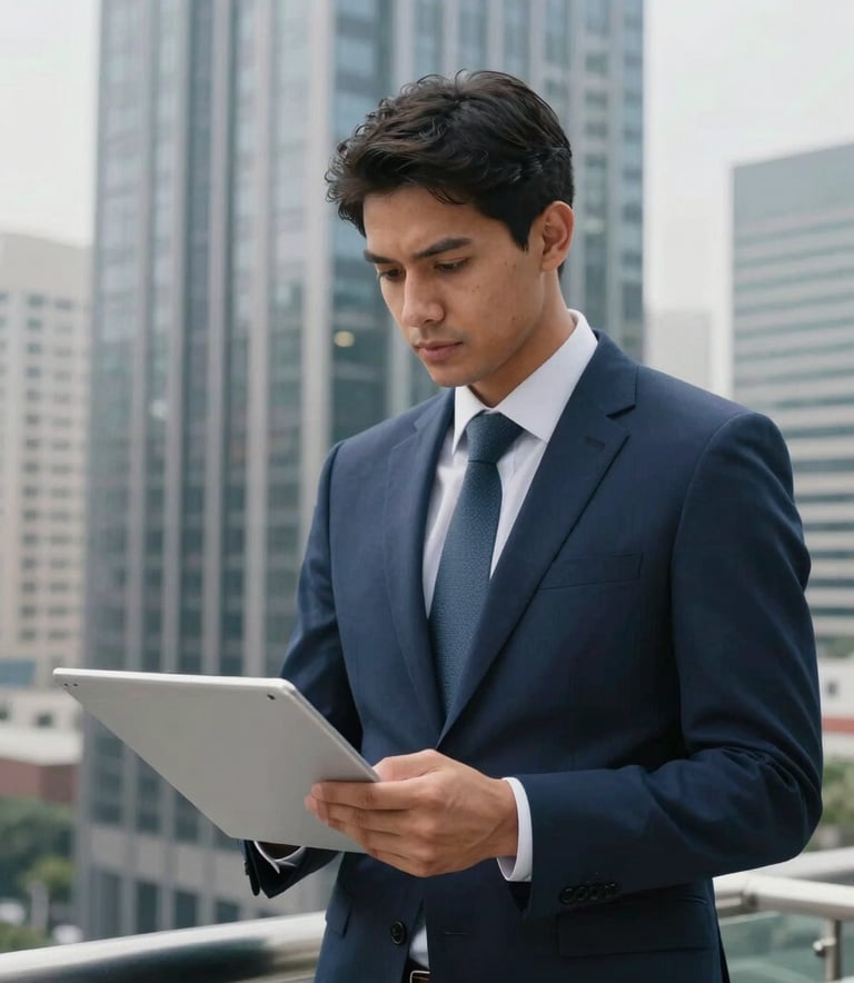 A professional in formal attire working in a high-rise office in a South American business district. Focused composition, clean lines, navy blue and silver grey color palette.