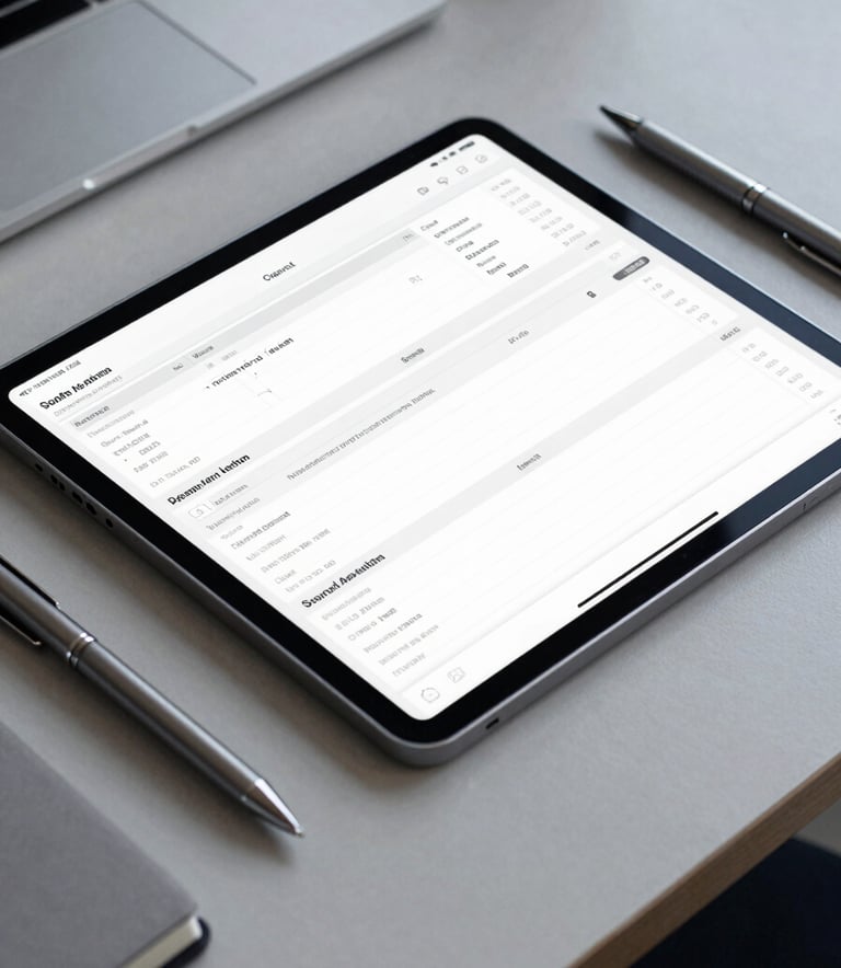 A close-up of a digital tablet showing financial spreadsheets and a sleek pen on a modern desk in a South American office. Professional lighting, minimalist style with navy blue and silver grey accents.
