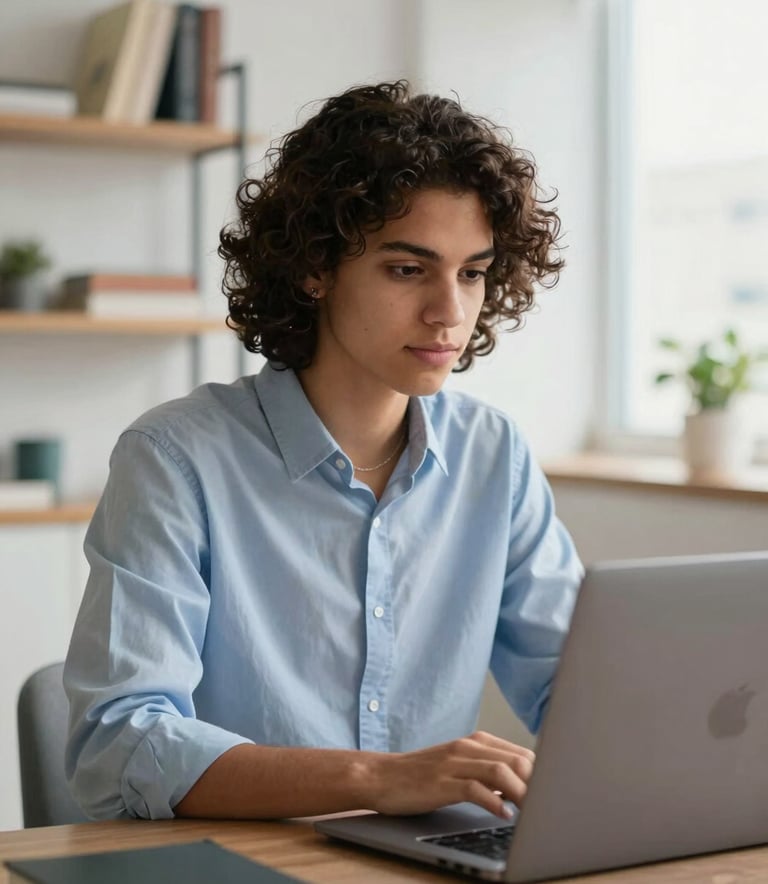 A focused South American / Brazilian student using a modern laptop in a bright, clean apartment in a Brazilian city. Soft natural light, professional attire, modern minimalist furniture, background blurred showing a shelf with books, professional photography style.