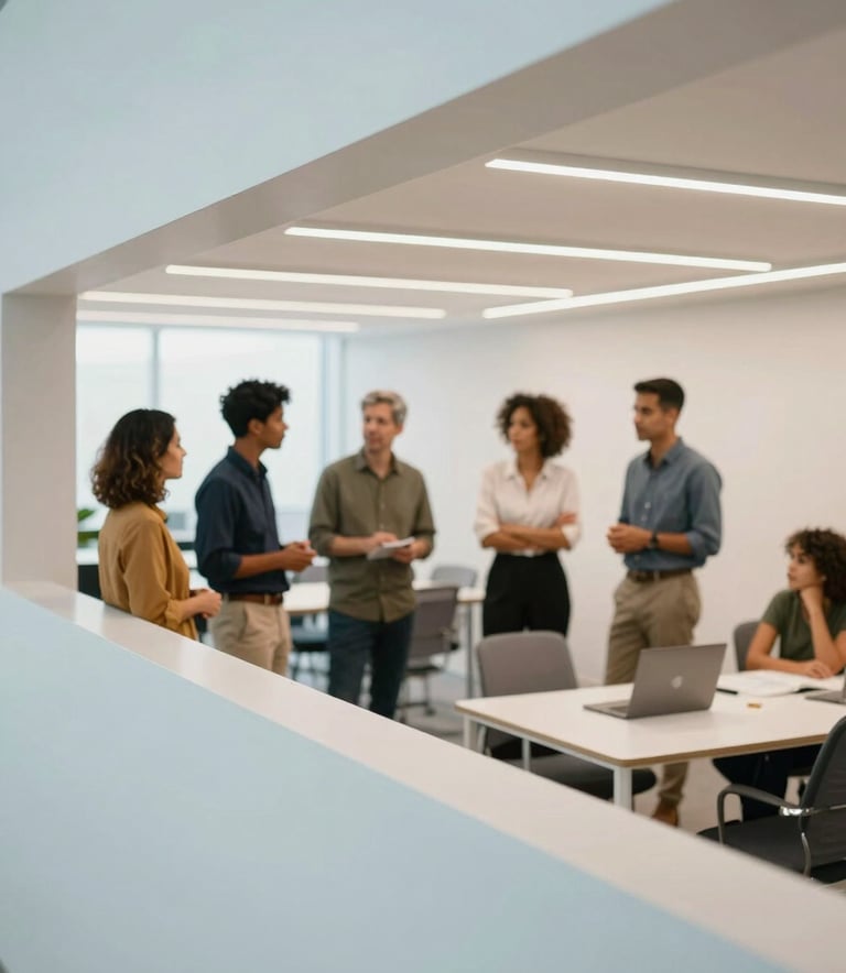 A bright and inspiring modern education workspace in Brazil with a group of South American / Brazilian professionals talking in the blurred background. Wide angle, clean architectural lines, airy atmosphere with light blue and off-white accents.