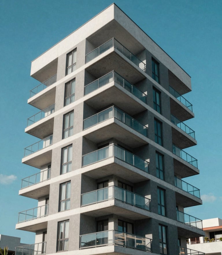 Wide-angle exterior photograph of a contemporary residential apartment building in a modern Mexican neighborhood. Architecture features clean lines and glass balconies under a bright blue sky. Palette includes teal and light grey.