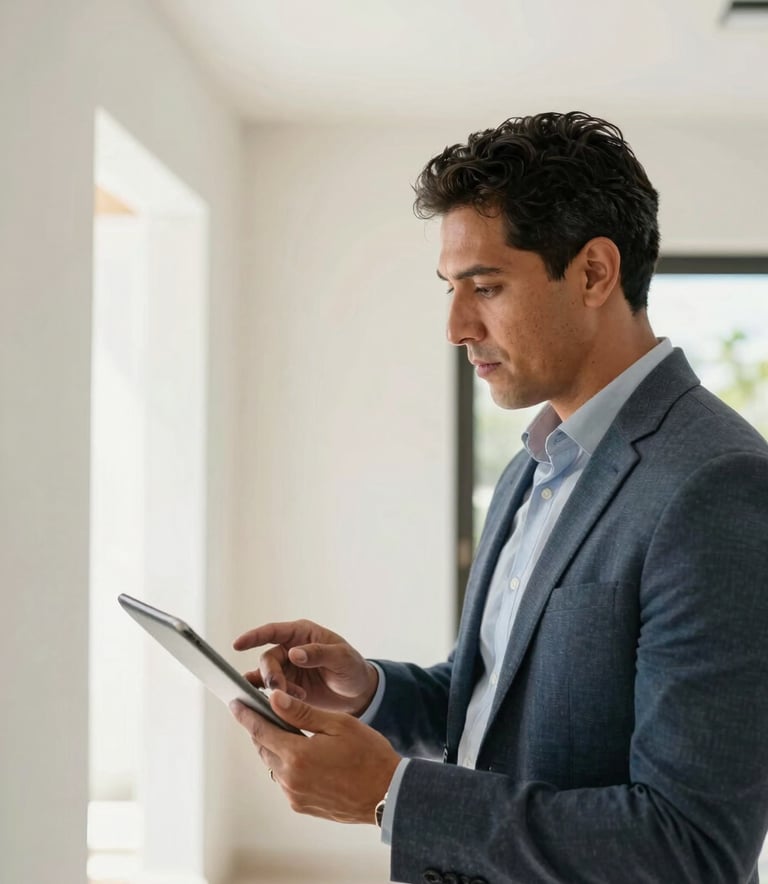 A professional Latin American male in business casual attire inspecting the interior of a modern residential property in Mexico. He is holding a digital tablet and looking at the architecture with focus. Bright, clean interior with natural light and off-white walls.
