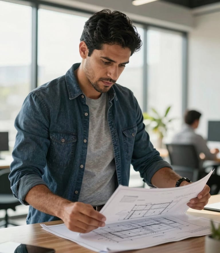 A professional Latin American man in business casual attire reviewing architectural blueprints in a sunlit modern office, conveying focus and expertise, professional photography.