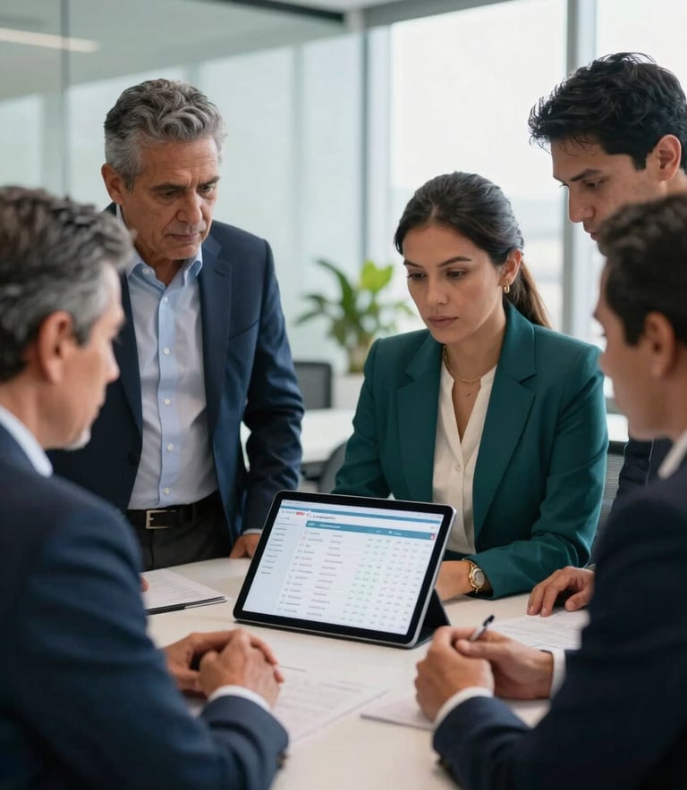 A group of professional Latin American appraisers in a modern corporate office in Mexico, engaged in a serious discussion around a tablet showing property data, soft natural lighting, professional attire in tones of navy and teal.