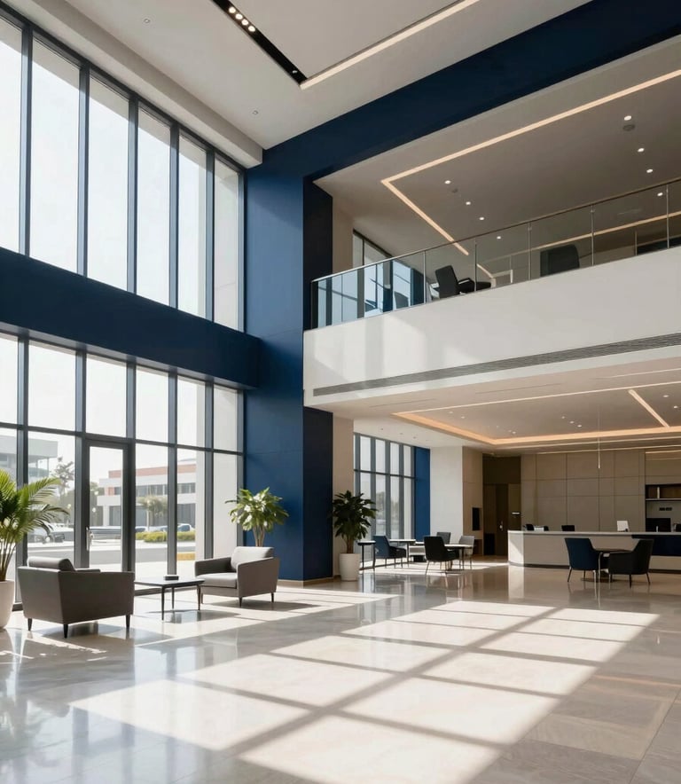 Clean and modern corporate lobby in a Middle Eastern business hub. Sunlight streaming through large windows onto polished floors. The design is minimalist and professional, with a color palette of dark blue and off-white. Wide angle, architectural photography.