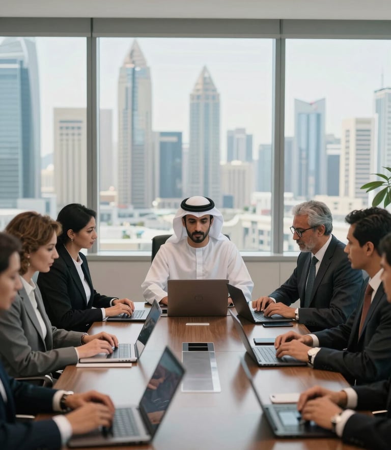 A high-end photograph of a professional meeting taking place in a boardroom in a Middle Eastern / Gulf skyscraper. The individuals are dressed in formal attire, working with laptops and tablets. The room has large windows with a blurred city skyline background.