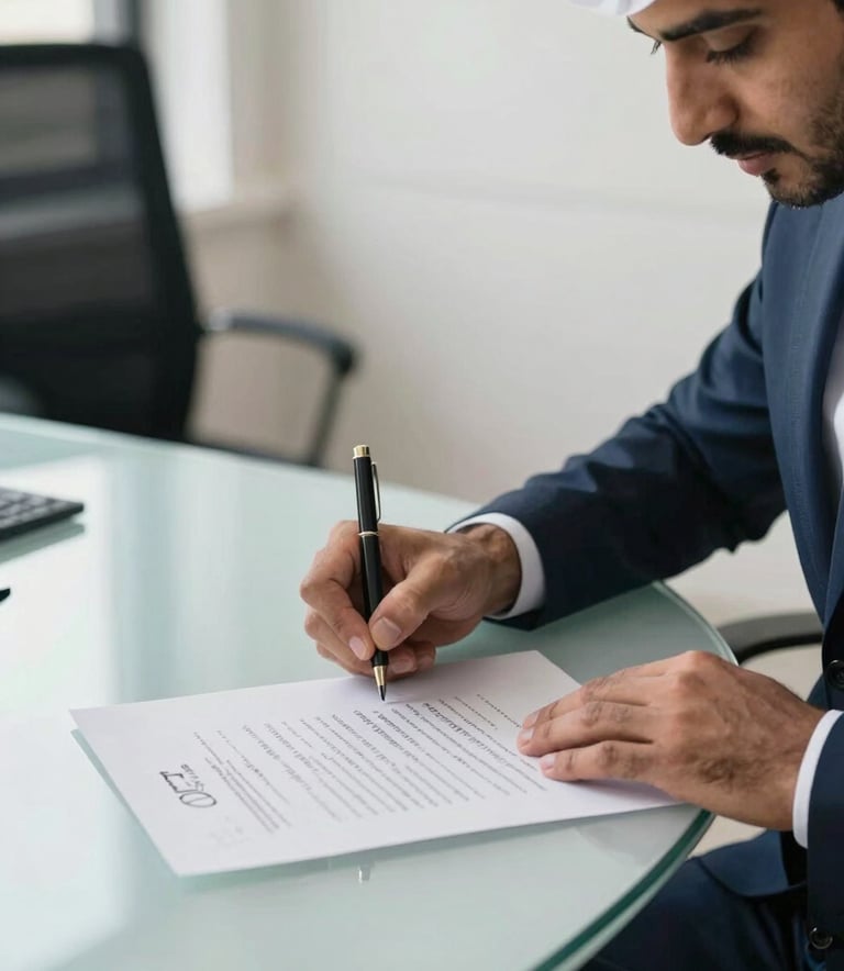 A close-up photograph of a professional signing documents on a clean, modern glass desk in a bright Middle Eastern / Gulf office. The scene is illuminated by natural light, featuring accents of dark blue and off-white in the workspace decor.
