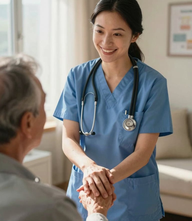 A professional nurse in North American / US medical attire gently holding an elderly person's hand in a sunny, comforting room, professional and warm photography.