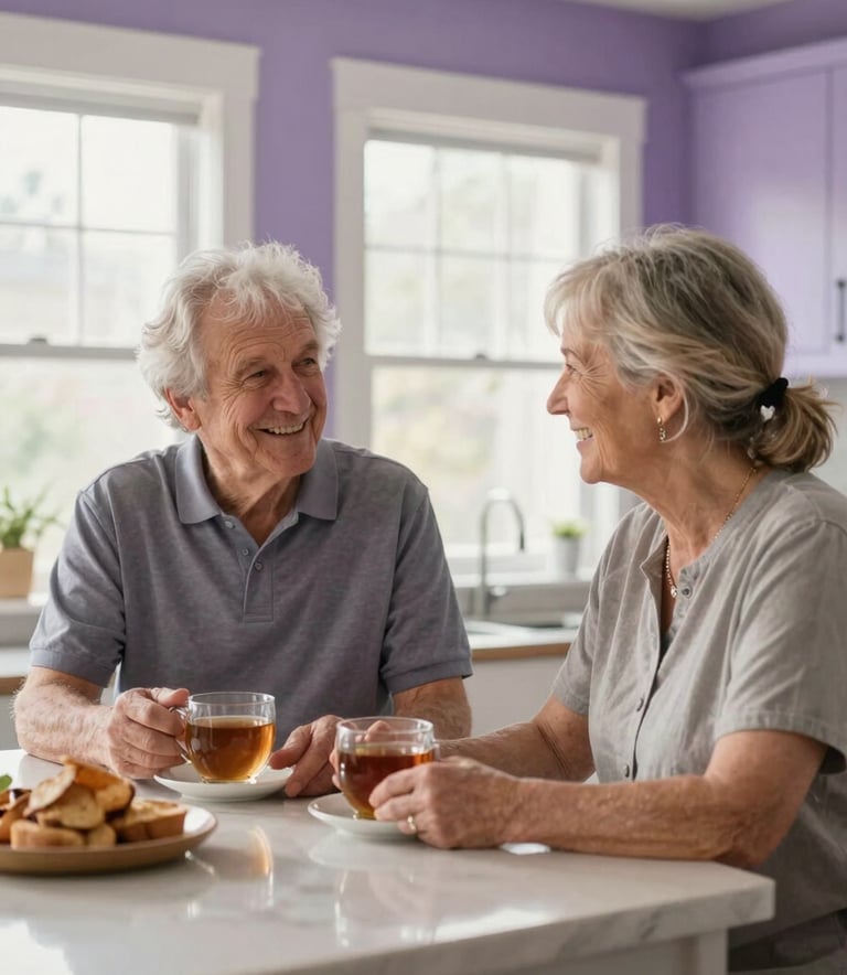 A cozy North American / US kitchen where a friendly caregiver and a senior are sharing a pleasant conversation over tea, natural morning light, soft muted purple accents in the decor.