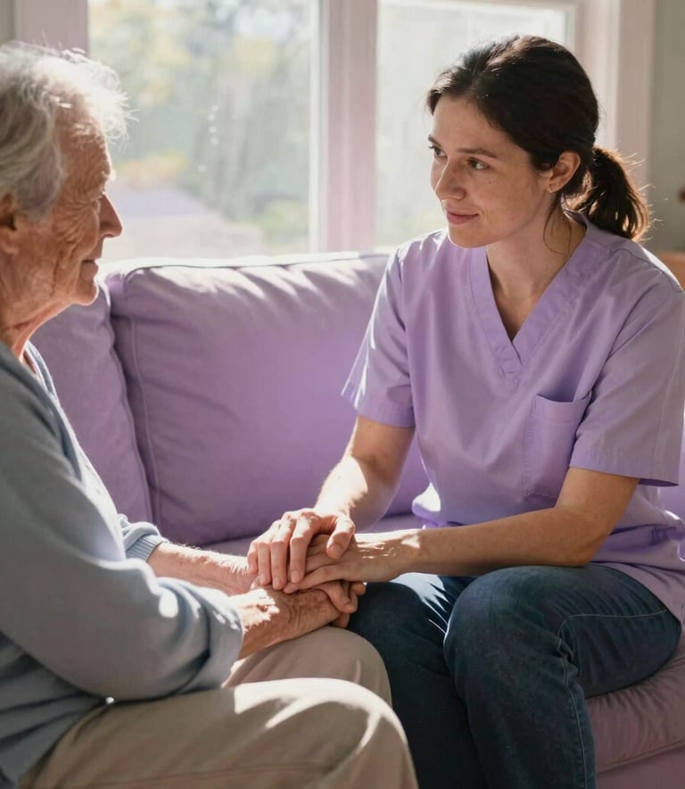 A serene North American / US home interior. A caregiver in a soft lilac shirt sits beside an elderly person on a pale purple sofa, holding their hand gently in a gesture of support. Warm morning sunlight streams through a large window. The mood is calm and compassionate.