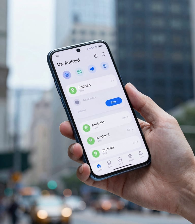 A close-up photograph of a person in a US city environment holding a modern Android smartphone. The lighting is bright and airy, showing a functional and engaging interface. Soft focus on the background architecture, using light blue and navy tones.