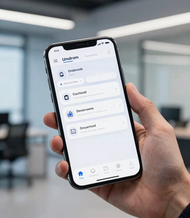 Close-up of a high-end Android smartphone being held by a professional in a modern North American office. The screen shows a clean, user-centric mobile application with a minimalist layout. The background is a soft-focus corporate environment with steel blue and ice white accents. Professional architectural photography style.