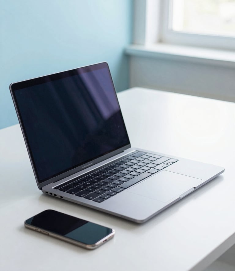 A clean, minimalist North American office desk featuring a high-end laptop and a smartphone. The composition is bright with natural light from a window, emphasizing professional efficiency and innovation. The color palette includes shades of navy blue and soft cyan.