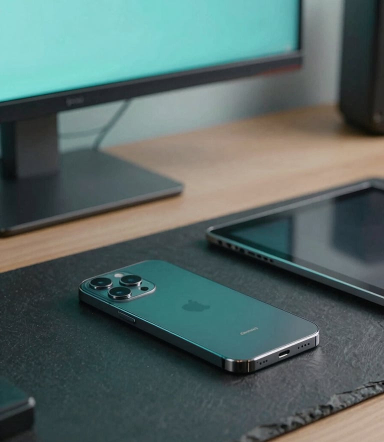 A close-up photograph of a professional developer's desk in a modern studio. A high-end smartphone and a tablet lie on a dark slate surface, illuminated by a soft aqua glow from a nearby monitor. The lighting is clean and professional, emphasizing a reliable tech environment.