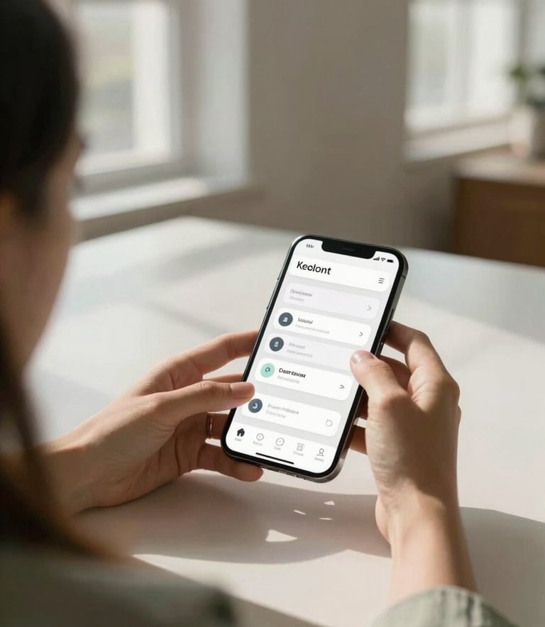 An over-the-shoulder shot of a designer working on a clean, modern mobile app wireframe. The studio has large windows with soft morning light, casting gentle shadows on a muted sage and off-white interior. The focus is on the creative process of app development.
