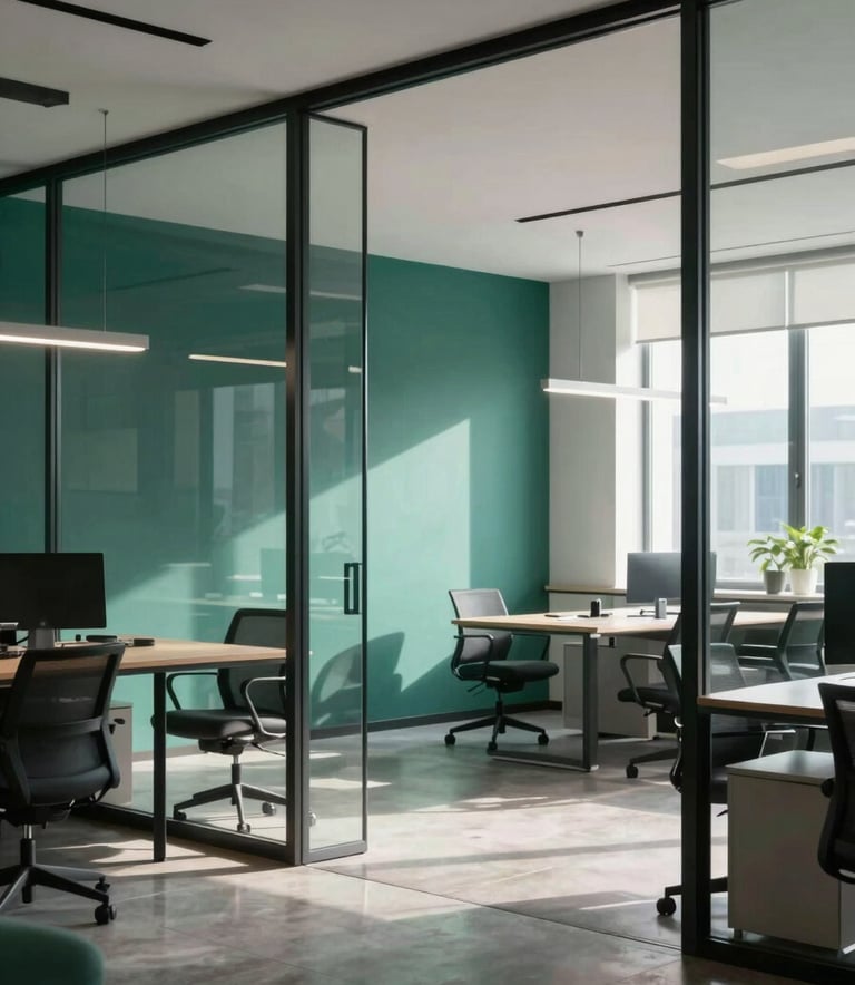 A modern, bright office interior with glass walls and minimalist furniture, accented with Deep Sea Green and Dusty Aqua decor.