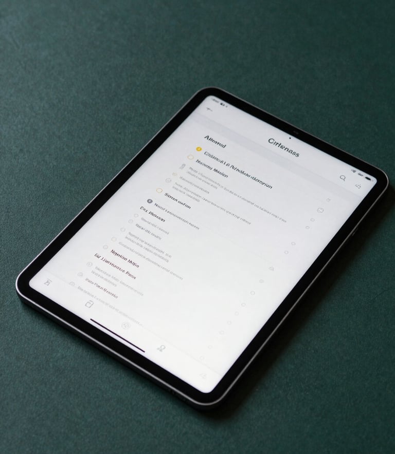 An overhead shot of a sleek tablet displaying a clean user interface, resting on a Deep Sea Green surface with soft ambient lighting.