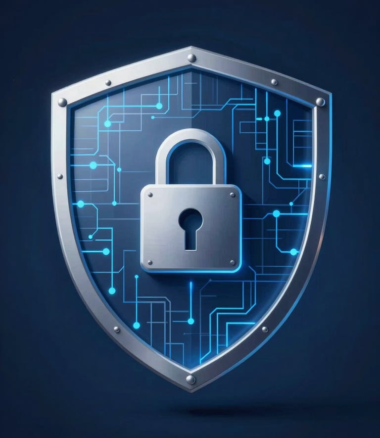 A sophisticated digital visualization of an encrypted security shield. The composition is professional and high-tech, featuring glowing blue data nodes and geometric lines in #7B9EC7 and #3A5A7F against a deep #0D1C3B background, conveying absolute trustworthiness.