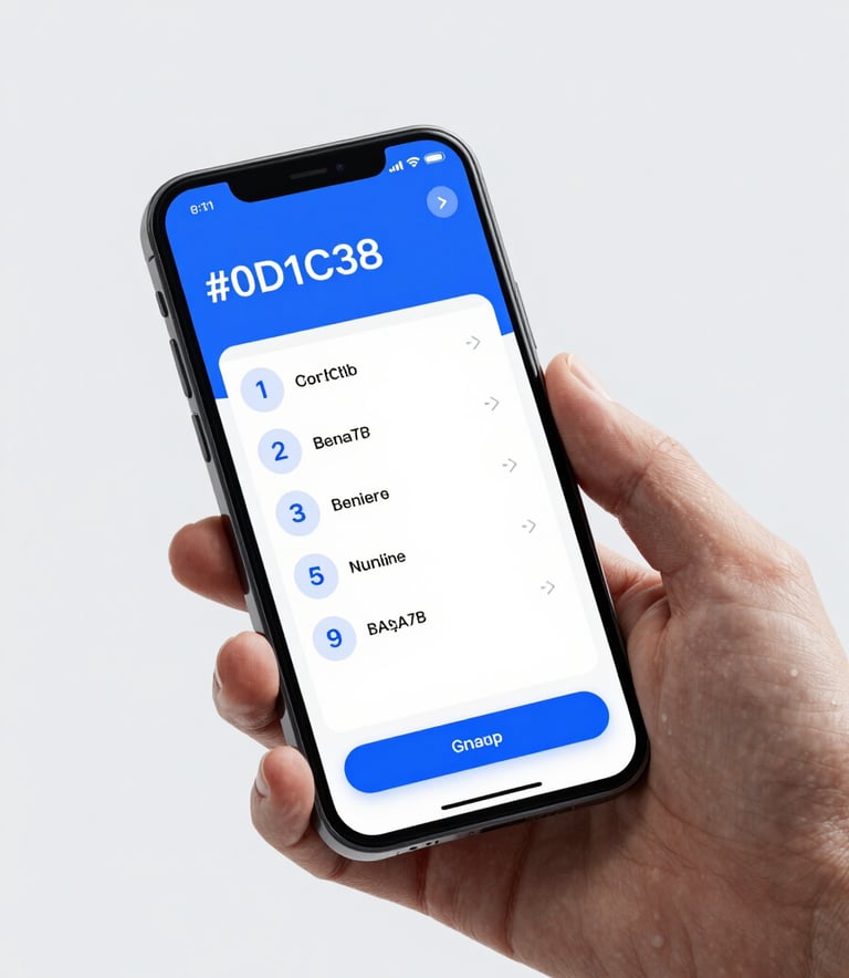 A sleek, modern smartphone held by a professional hand, displaying a user-friendly interface for an online numbers platform. The app UI uses #0D1C3B and #3A5A7F accents. Studio lighting on a clean, light #E6F0F8 backdrop.