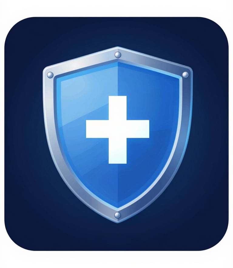 A high-tech digital security shield glowing in light blue (#7B9EC7) over a dark navy (#0D1C3B) background, representing advanced data encryption and safety, modern and professional style.