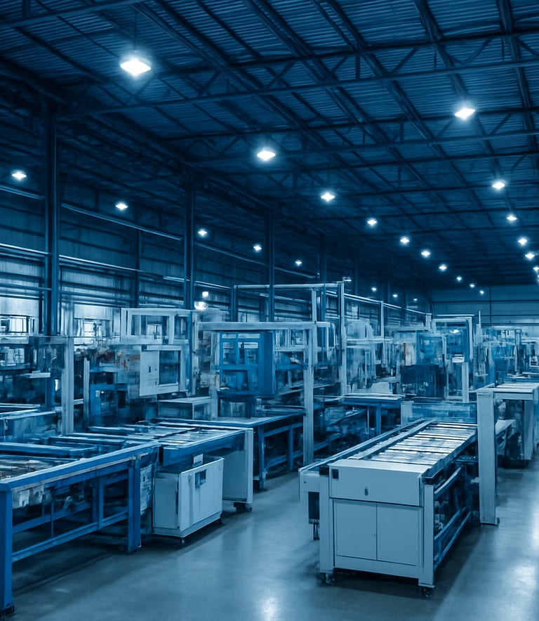 Professional architectural photography of a clean, modern industrial warehouse interior in South Asian / Indian region. The space is illuminated with cool blue and white light, showing organized high-tech assembly lines.