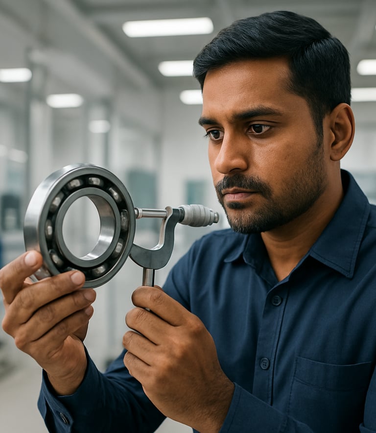 A South Asian engineer in a professional navy blue shirt inspecting a precision ball bearing with a micrometer. The setting is a clean, modern Indian industrial quality control lab with bright, precise lighting.