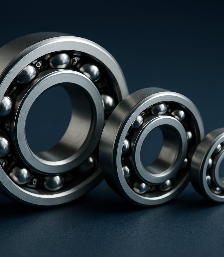Detailed macro photography of three different sizes of ball bearings arranged in a diagonal line on a dark blue background. Soft light highlights the chrome finish and precision edges. Professional B2B style.