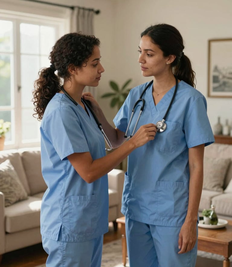 A professional North American nurse in light blue scrubs using a stethoscope during a home visit, warm and sunlit interior of a high-end residential living room, compassionate and professional atmosphere.