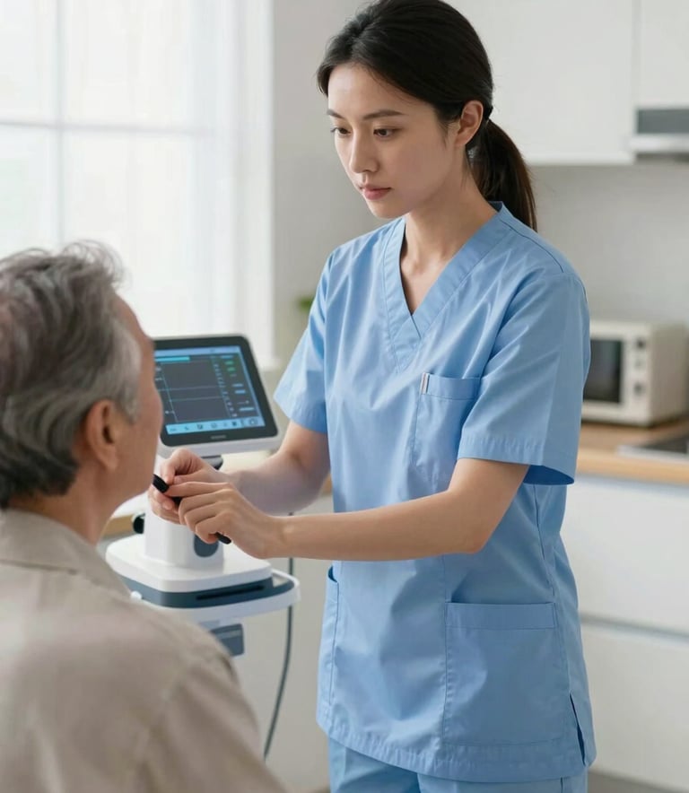 A female nurse in medical attire performs a routine health check for a senior in a bright North American kitchen. Professional equipment is used with a kind and supportive presence. High key, clean lighting.