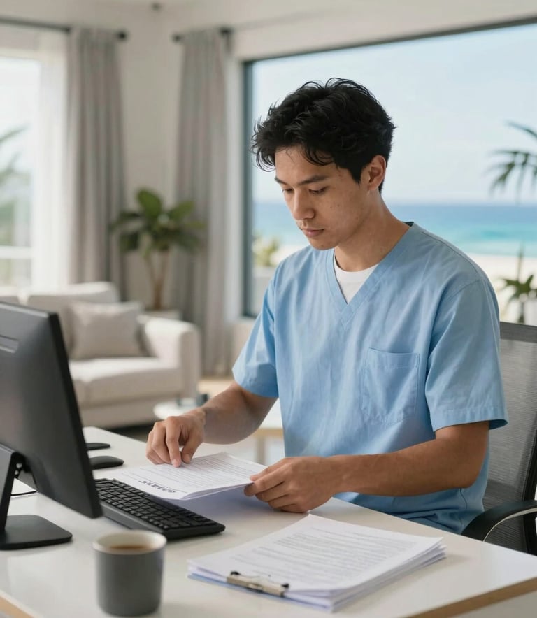 An interior shot of a clean, modern North American residential home office where a care administrator is organizing records, soft ocean blue accents, professional and organized atmosphere.