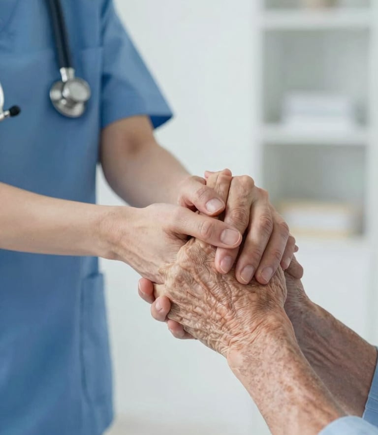 A detailed close-up of a nurse's hand gently and supportively holding the hand of an elderly patient. The background shows a clean, modern North American home interior with soft blue and white accents.