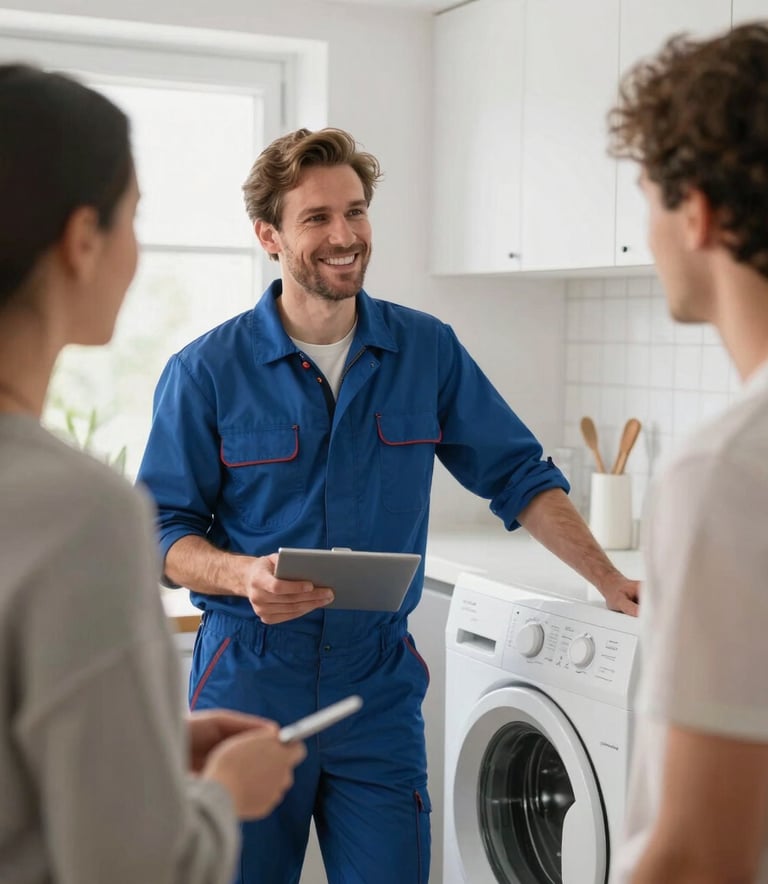 A friendly European technician talking to a homeowner in a bright, airy laundry room. The atmosphere is professional and trustworthy, with a clean Scandinavian aesthetic.