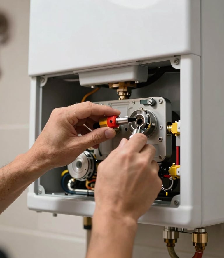 Close-up of a technician's hands using tools to carefully inspect the internal components of a white wall-mounted gas boiler, clean and technical photography in a modern Spanish home.