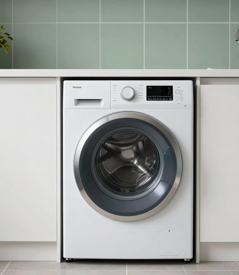 A sleek, brand new front-loading washing machine integrated into a minimalist Scandinavian-style laundry room with matte green tiles and clean white shelves, bright natural lighting, European home setting.