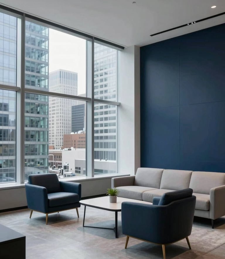 A modern corporate lounge in a North American financial district. Large windows reveal a cityscape of steel and glass. The interior style is minimalist with a palette of light gray and dark navy blue photography.