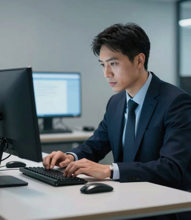 A high-detail, close-up photography shot of a professional analyst in a North American / US financial hub, focusing on their task at a minimalist desk. The scene is illuminated by the soft pale blue glow of computer screens. The composition is a medium shot emphasizing a calm, authoritative professional atmosphere with a deep navy and light gray color scheme.