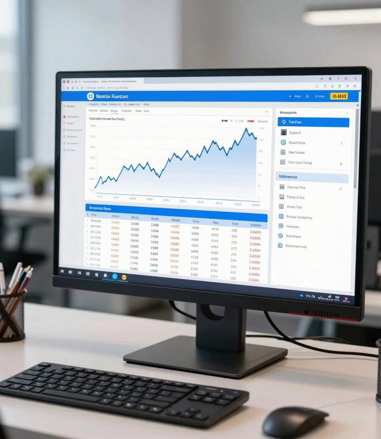 Photography of a professional workspace in a North American business center. A high-resolution display features strategic financial data. The lighting is crisp and intelligent, using white and medium blue colors.