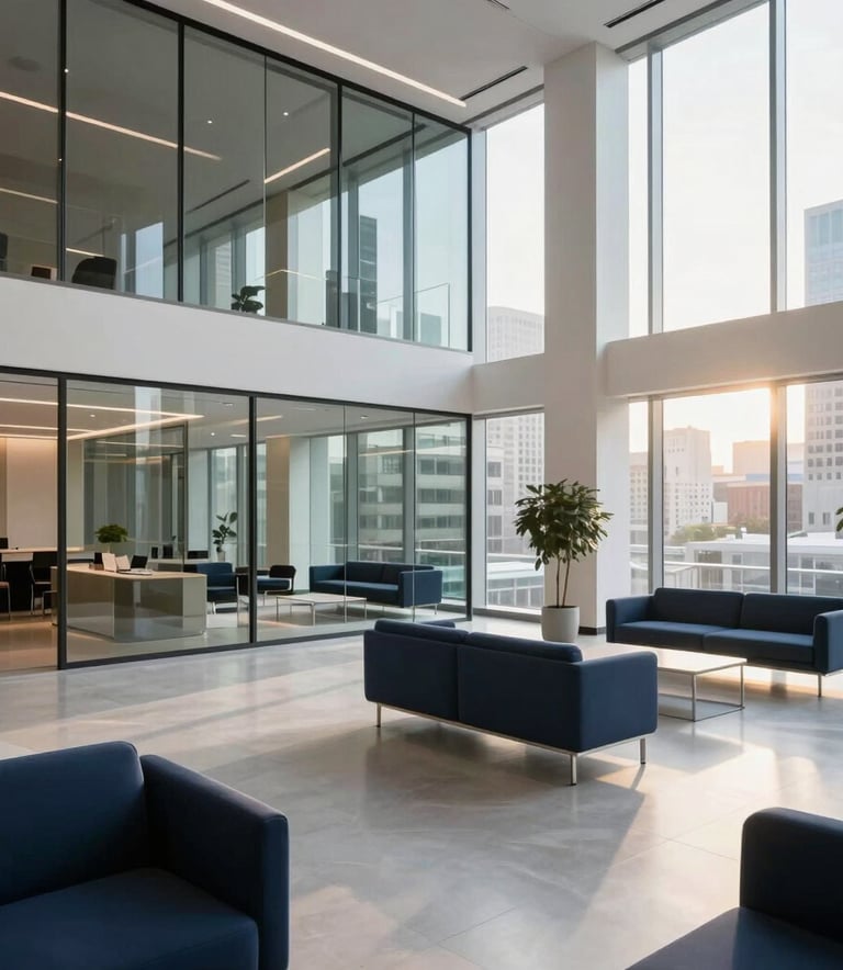 A wide-angle photography shot of a sleek, high-end financial headquarters interior in a major North American / US city. The space features glass partitions, minimalist navy blue furniture, and polished light gray floors. Bright, natural afternoon sunlight floods the room through expansive windows.