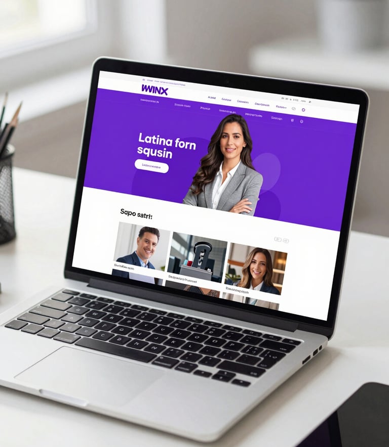 A close-up of a high-end laptop on a minimalist white desk in a bright office, displaying a vibrant website interface with strong purple and white gradients, Latin American / Spanish-speaking professional environment.