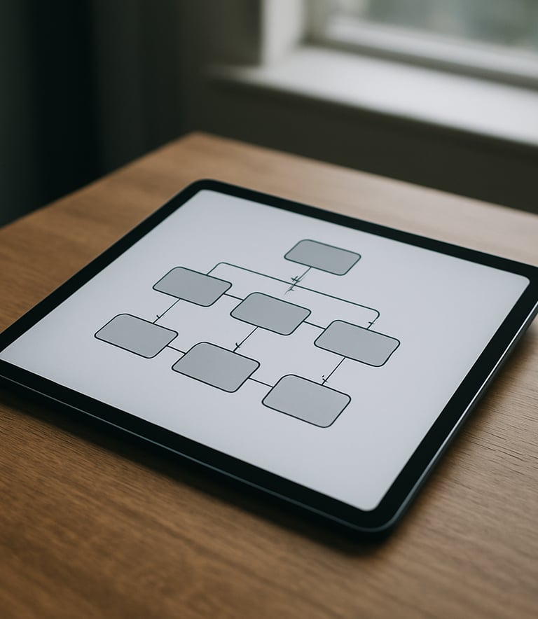 A clean, high-angle shot of a digital tablet on a wooden desk in a British office environment, displaying an organized data flow chart, natural window lighting with soft grey tones.