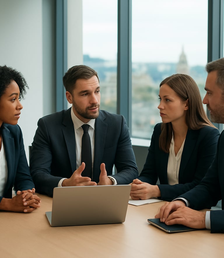 A photography of a group of professional consultants in business formal attire gathered around a table in a bright, modern board room in Nottingham. The composition is focused on their collaborative discussion, with a large glass window showing a soft Northern European city background. The lighting is clean and sophisticated with tones of off-white and teal.
