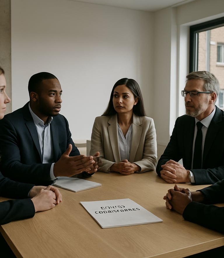 A diverse group of consultants in smart attire sitting in a minimalist meeting room in a Northern European office setting, discussing ethical frameworks.