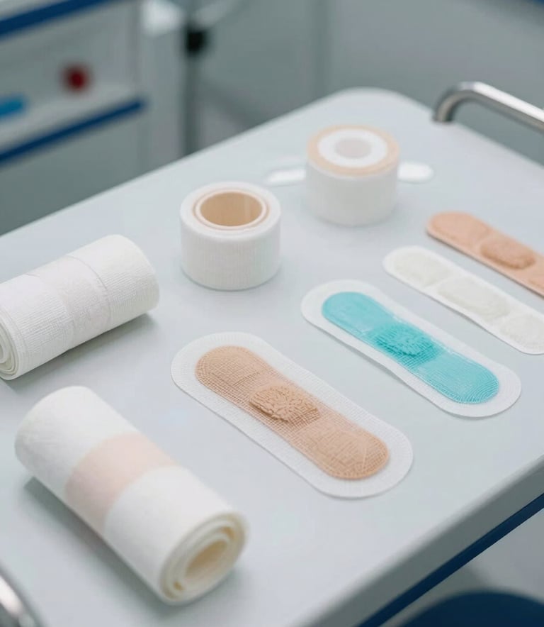 A close-up of professional clinical equipment including sterile bandages and specialized dressings arranged neatly on a Pearl White surface. The lighting is bright and clinical, with subtle Steel Blue accents in the background, conveying a sense of expertise and hygiene.