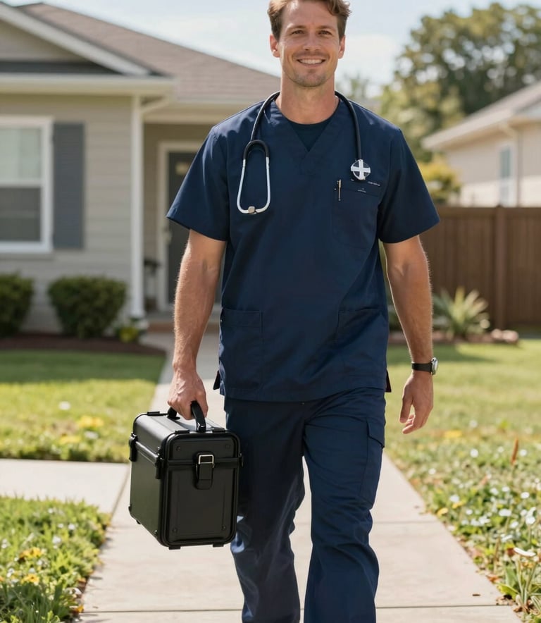 A professional clinician in a Navy Blue uniform carrying a specialized medical kit, walking towards a residential home during a sunny afternoon. The composition is bright and hopeful, emphasizing the convenience of mobile healthcare.