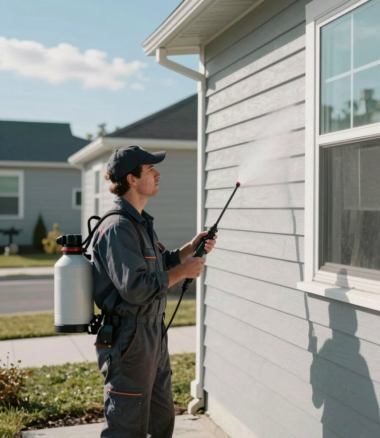 A professional technician in North American / US workwear using a low-pressure soft-wash system on the siding of a modern suburban home. Clean, bright daytime lighting with oceanic cyan accents.