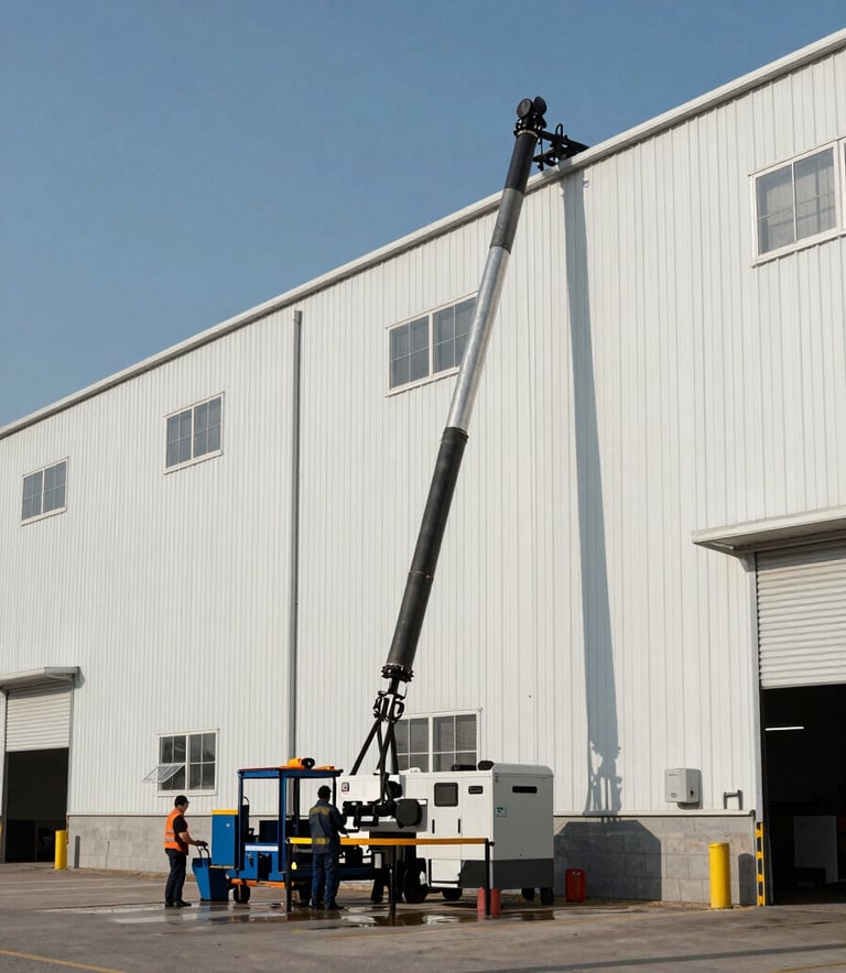 A wide angle shot of a massive steel industrial warehouse in a North American / US industrial park. Professionals are using specialized equipment to wash the Mist White siding under a clear, bright sky. The scene is efficient and modern.