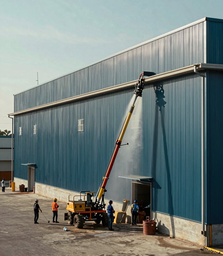 A wide-angle professional shot of a massive warehouse exterior being cleaned by a crew in a North American / US industrial zone. The steel surface is shimmering in the sunlight. Color palette highlights deep slate teal and arctic mist.