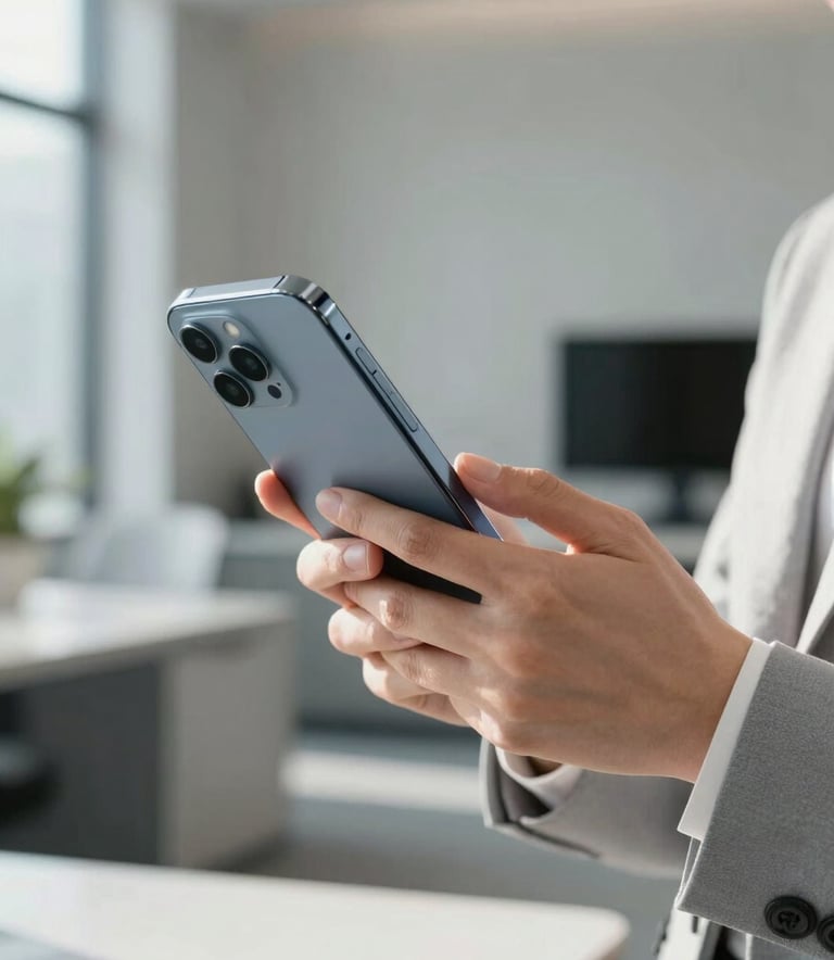 A close-up shot of a person in professional attire using a high-end smartphone in a sunlit, modern North American / US office environment. The scene features soft silver and light grey accents in the furniture and decor.